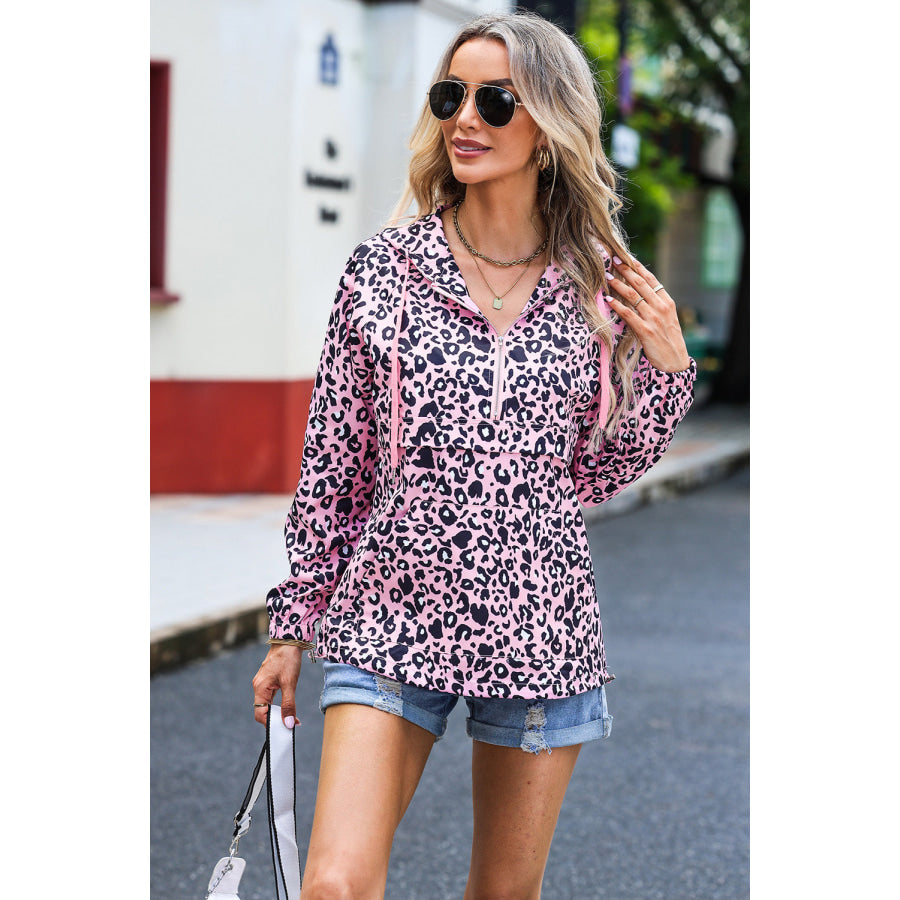 Drawstring Leopard Half Zip Hoodie Apparel and Accessories