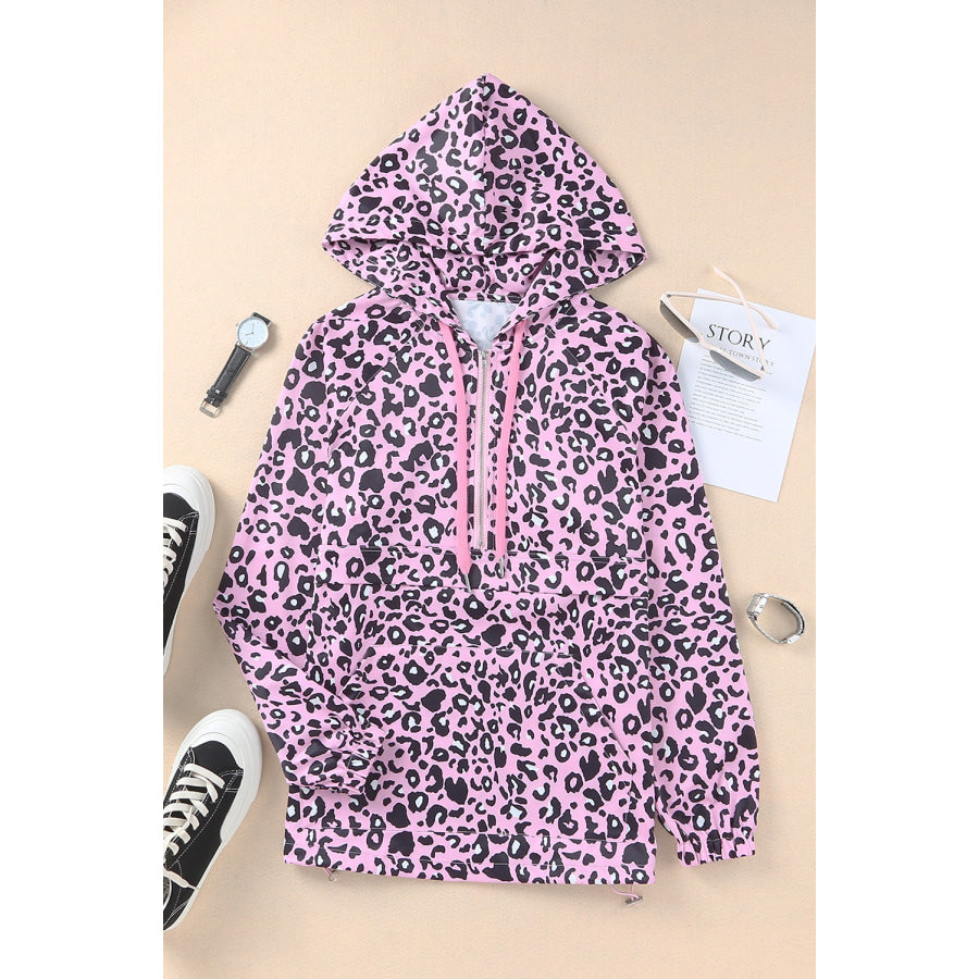 Drawstring Leopard Half Zip Hoodie Apparel and Accessories