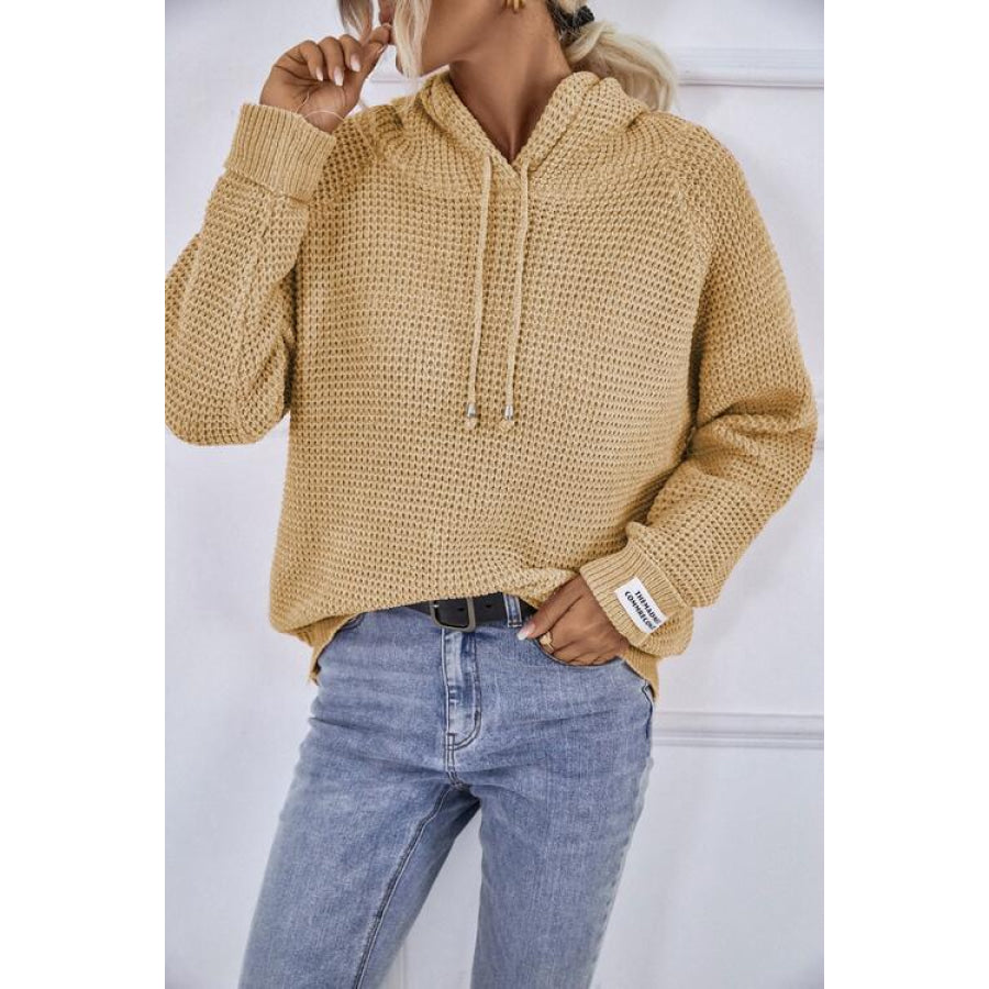 Drawstring Long Sleeve Hooded Sweater Khaki / S Shirts & Tops