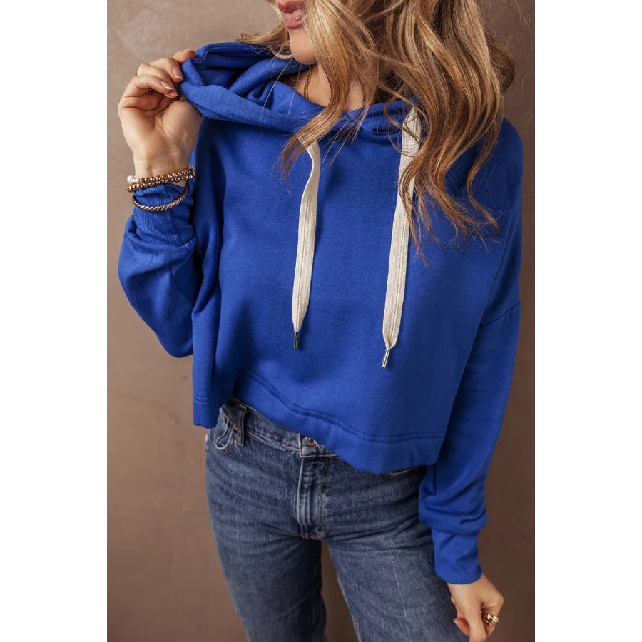 Drawstring Long Sleeve Hoodie Dark Blue / S Apparel and Accessories