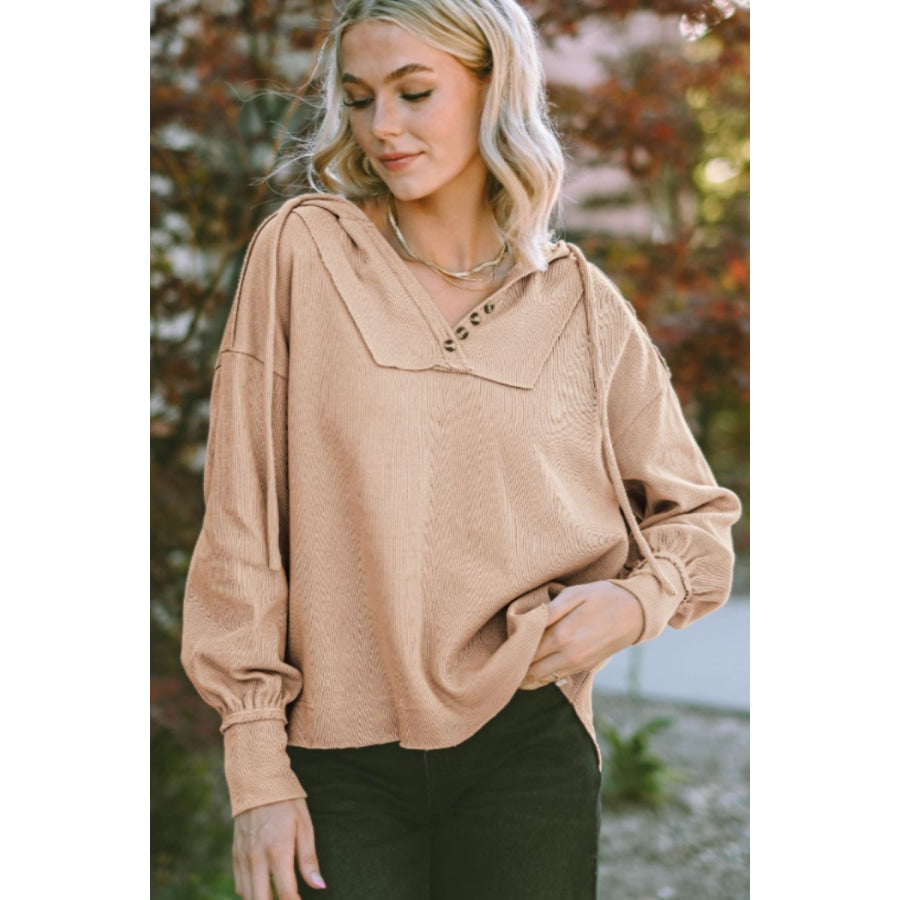 Drawstring Long Sleeve Hoodie Khaki / S Apparel and Accessories