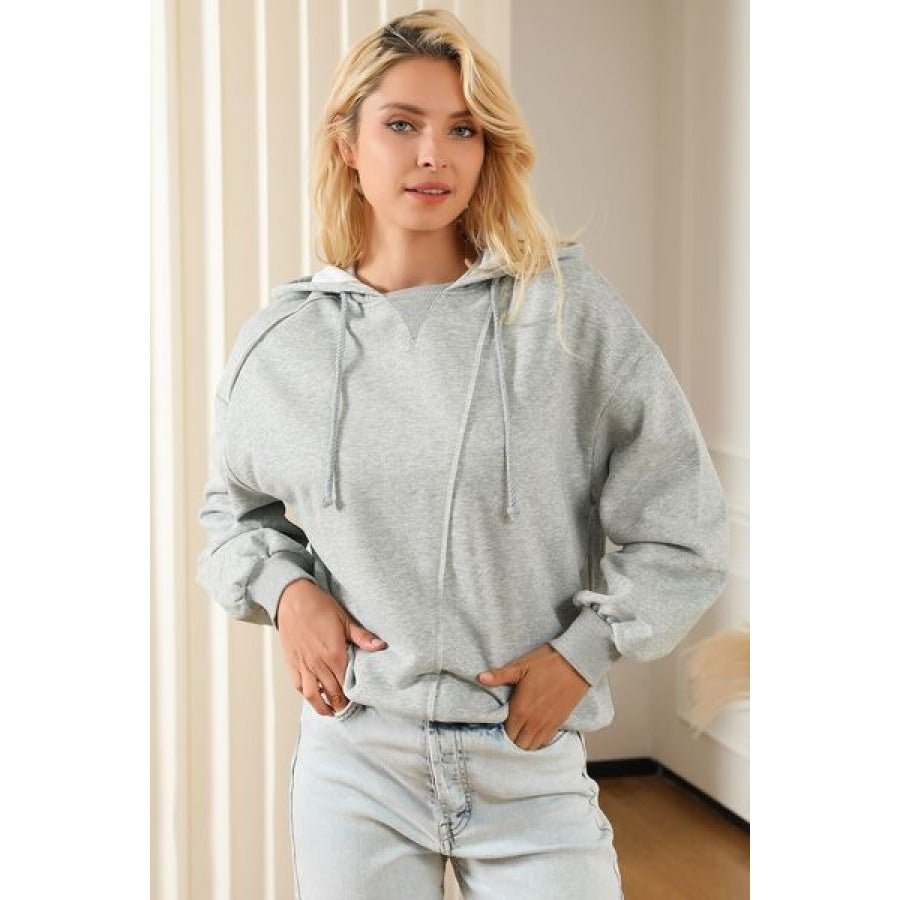 Drawstring Long Sleeve Hoodie Light Gray / S Apparel and Accessories