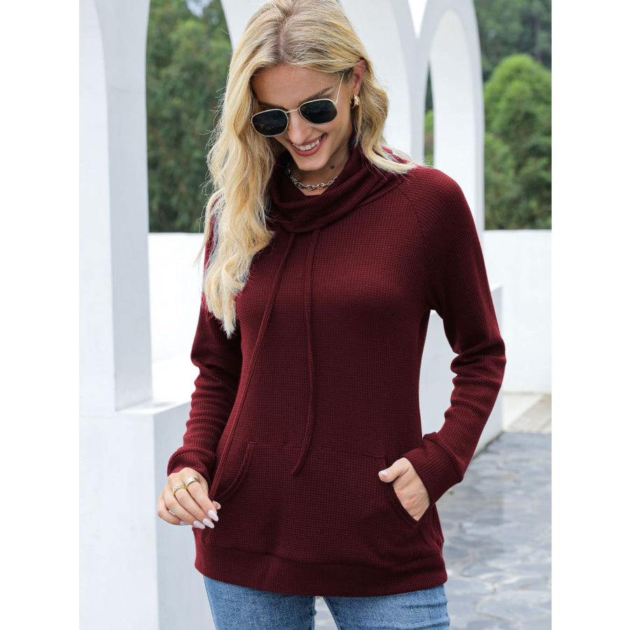 Drawstring Mock Neck Raglan Sleeve T-Shirt Burgundy / S Apparel and Accessories