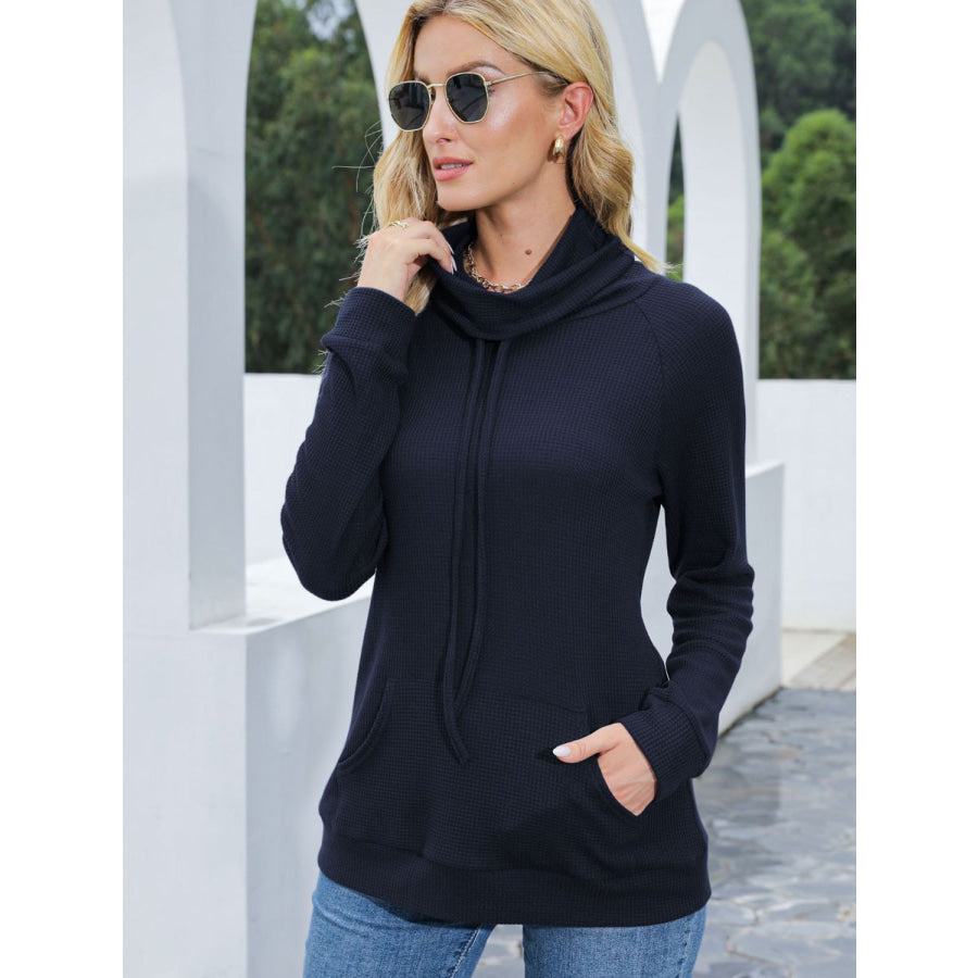 Drawstring Mock Neck Raglan Sleeve T-Shirt Dark Blue / S Apparel and Accessories