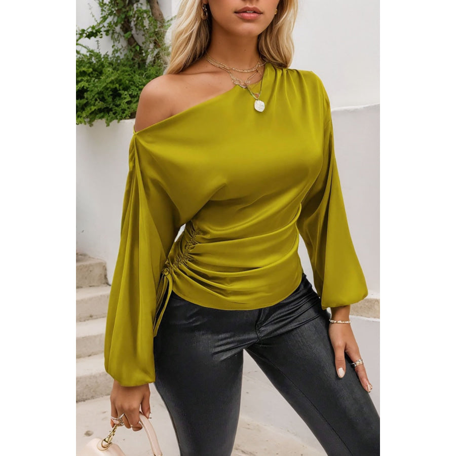 Drawstring One Shoulder Long Sleeve Blouse Apparel and Accessories