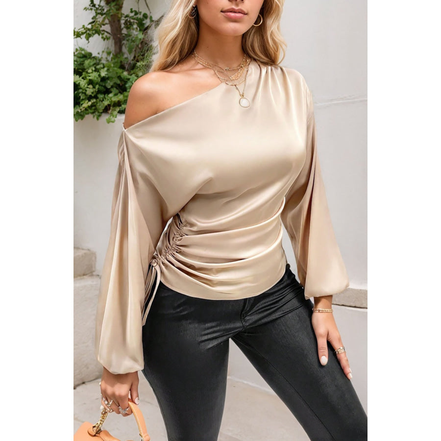 Drawstring One Shoulder Long Sleeve Blouse Apparel and Accessories