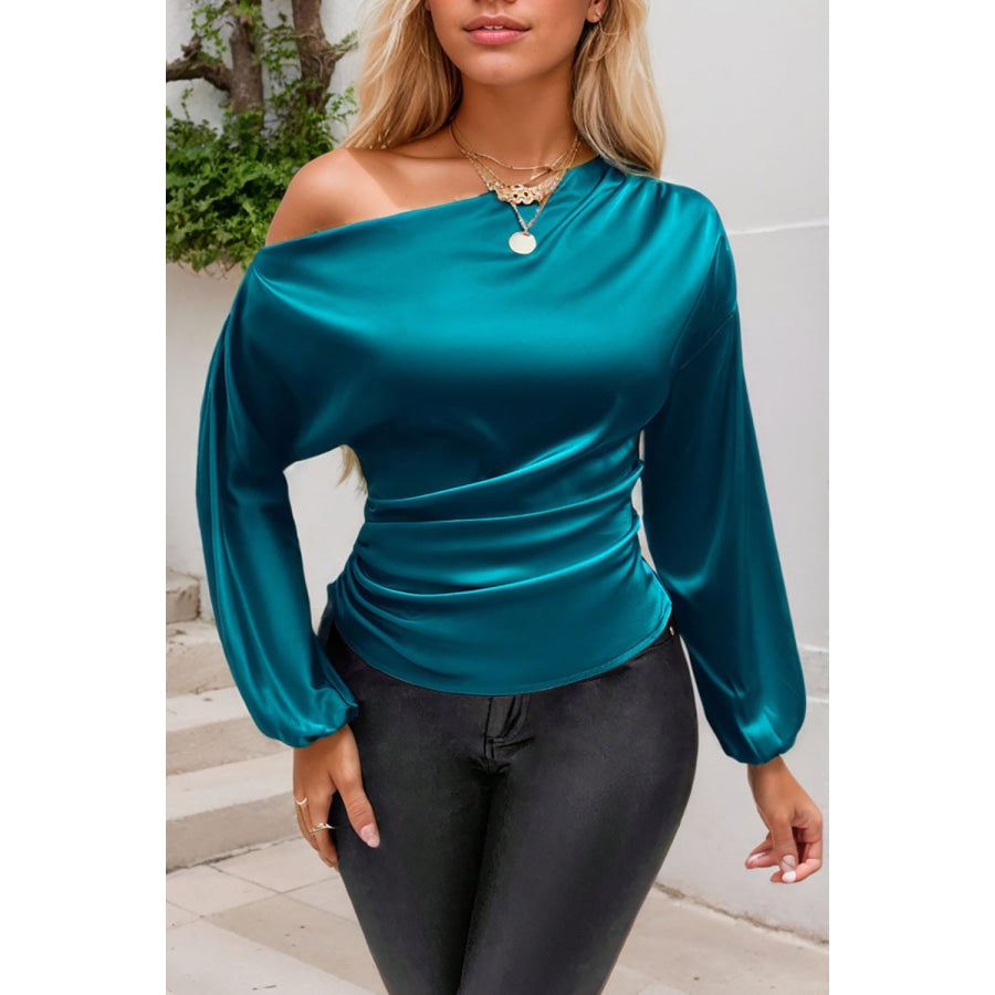 Drawstring One Shoulder Long Sleeve Blouse Apparel and Accessories