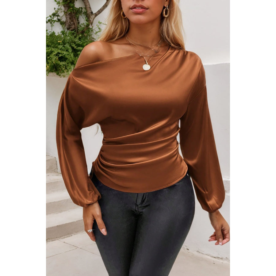 Drawstring One Shoulder Long Sleeve Blouse Apparel and Accessories