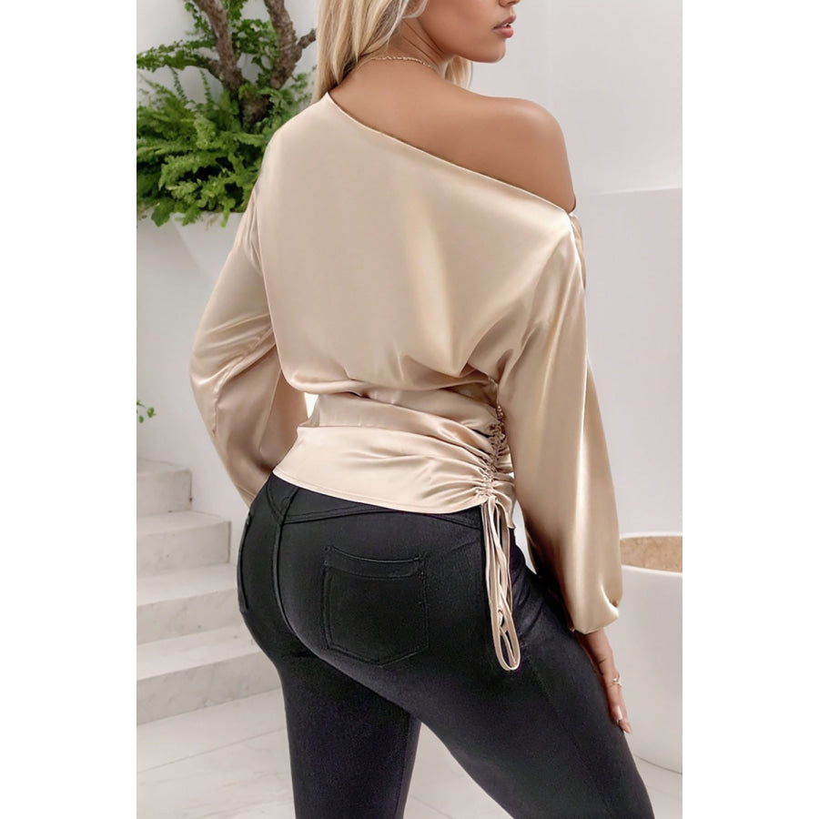 Drawstring One Shoulder Long Sleeve Blouse Apparel and Accessories