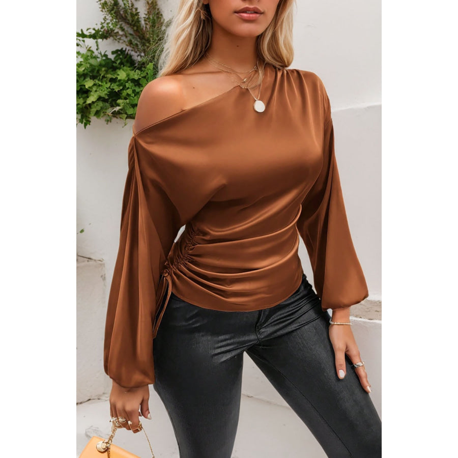 Drawstring One Shoulder Long Sleeve Blouse Apparel and Accessories