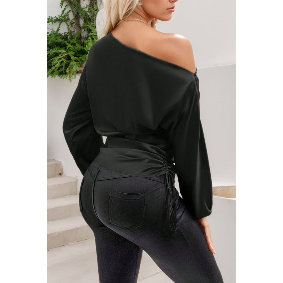 Drawstring One Shoulder Long Sleeve Blouse Apparel and Accessories