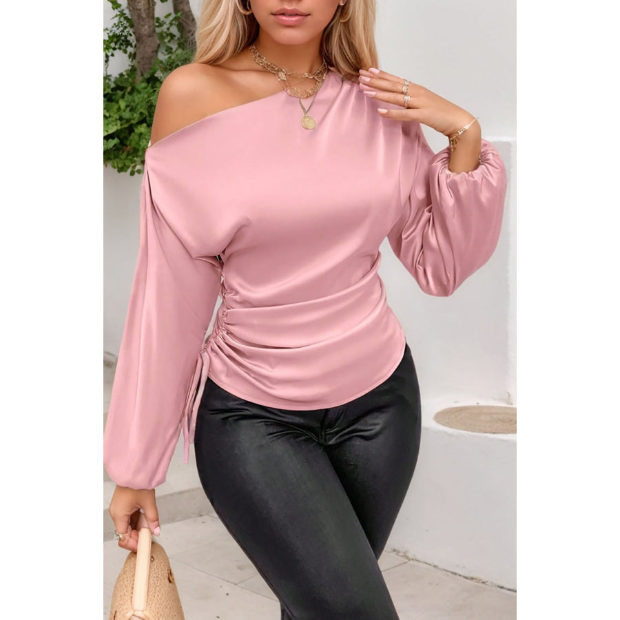 Drawstring One Shoulder Long Sleeve Blouse Apparel and Accessories
