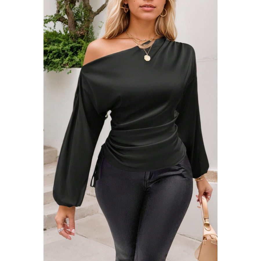 Drawstring One Shoulder Long Sleeve Blouse Black / S Apparel and Accessories