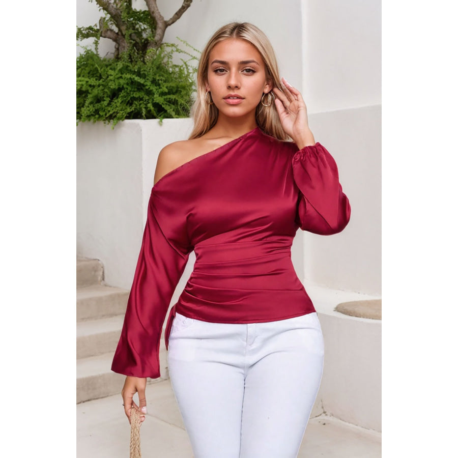 Drawstring One Shoulder Long Sleeve Blouse Deep Red / S Apparel and Accessories
