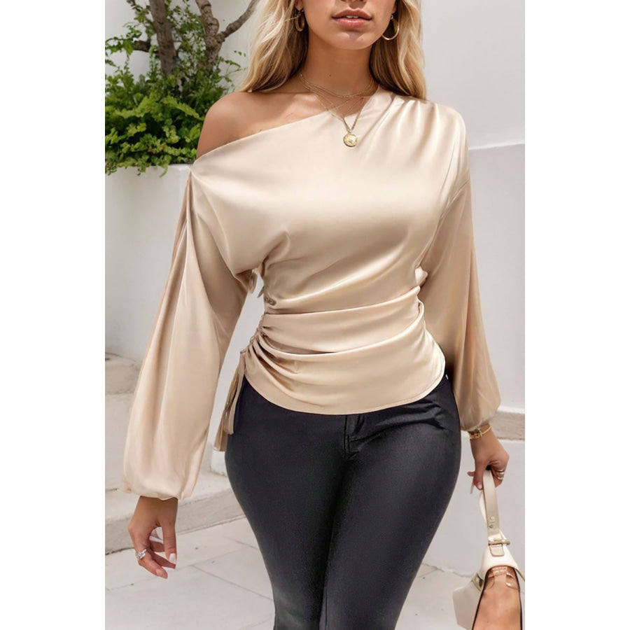 Drawstring One Shoulder Long Sleeve Blouse Tan / S Apparel and Accessories