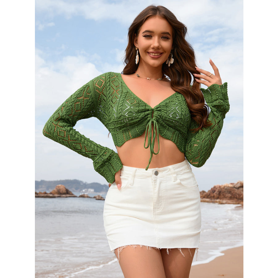 Drawstring Openwork Long Sleeve Cover - Up Apparel and Accessories