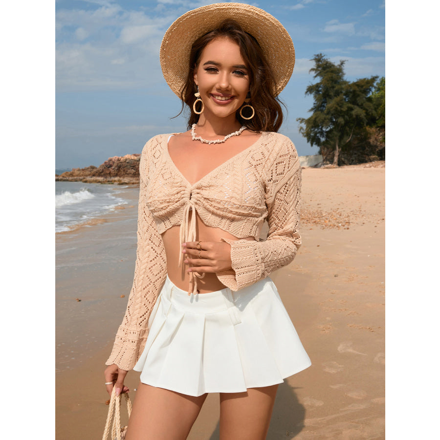 Drawstring Openwork Long Sleeve Cover - Up Apparel and Accessories
