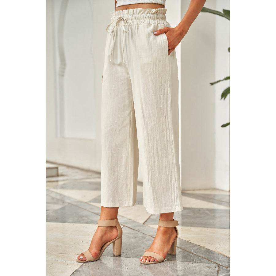 Drawstring Paperbag Waist Wide Leg Pants Ivory / S Apparel and Accessories