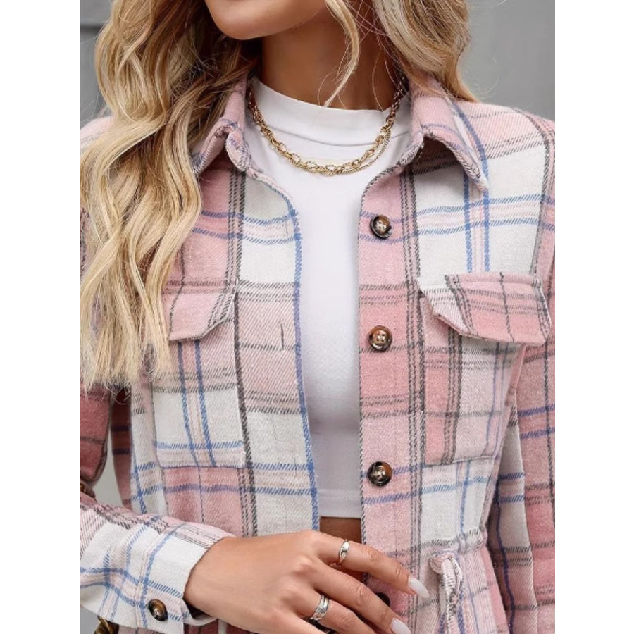 Drawstring Plaid Button Up Jacket with Chest Pockets Apparel and Accessories