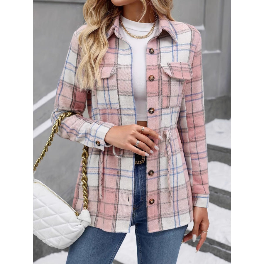 Drawstring Plaid Button Up Jacket with Chest Pockets Blush Pink / XS Apparel and Accessories