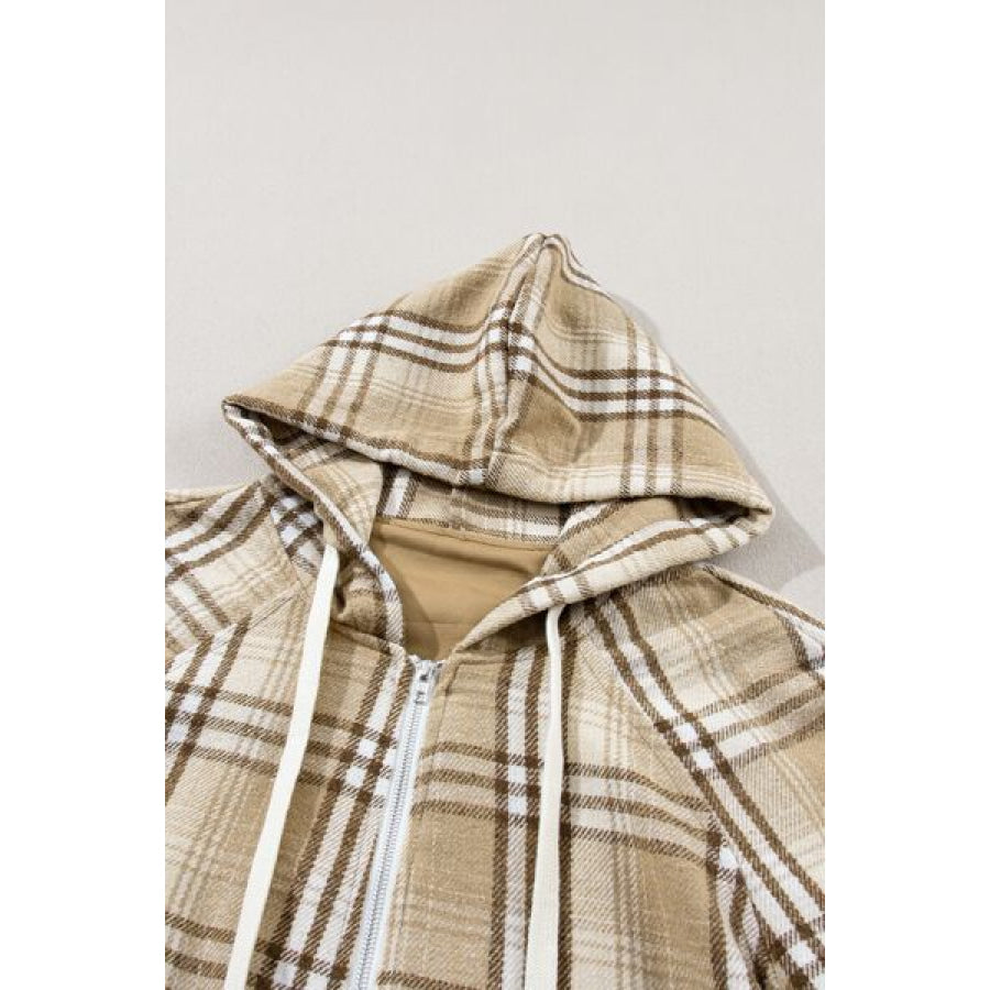 Drawstring Plaid Half Zip Raglan Sleeve Hoodie Apparel and Accessories