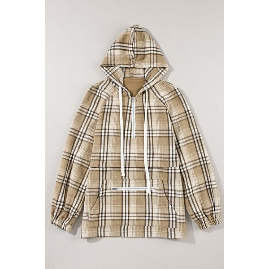 Drawstring Plaid Half Zip Raglan Sleeve Hoodie / S Apparel and Accessories