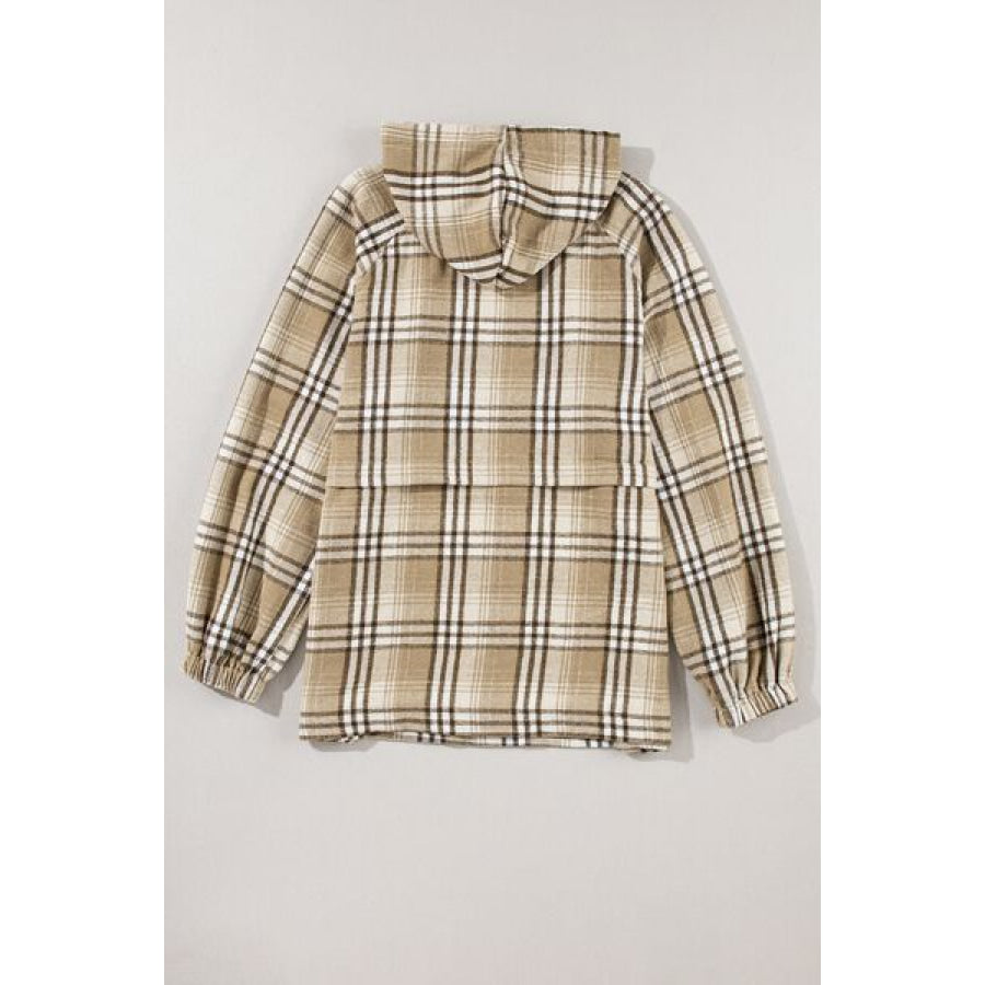 Drawstring Plaid Half Zip Raglan Sleeve Hoodie Apparel and Accessories