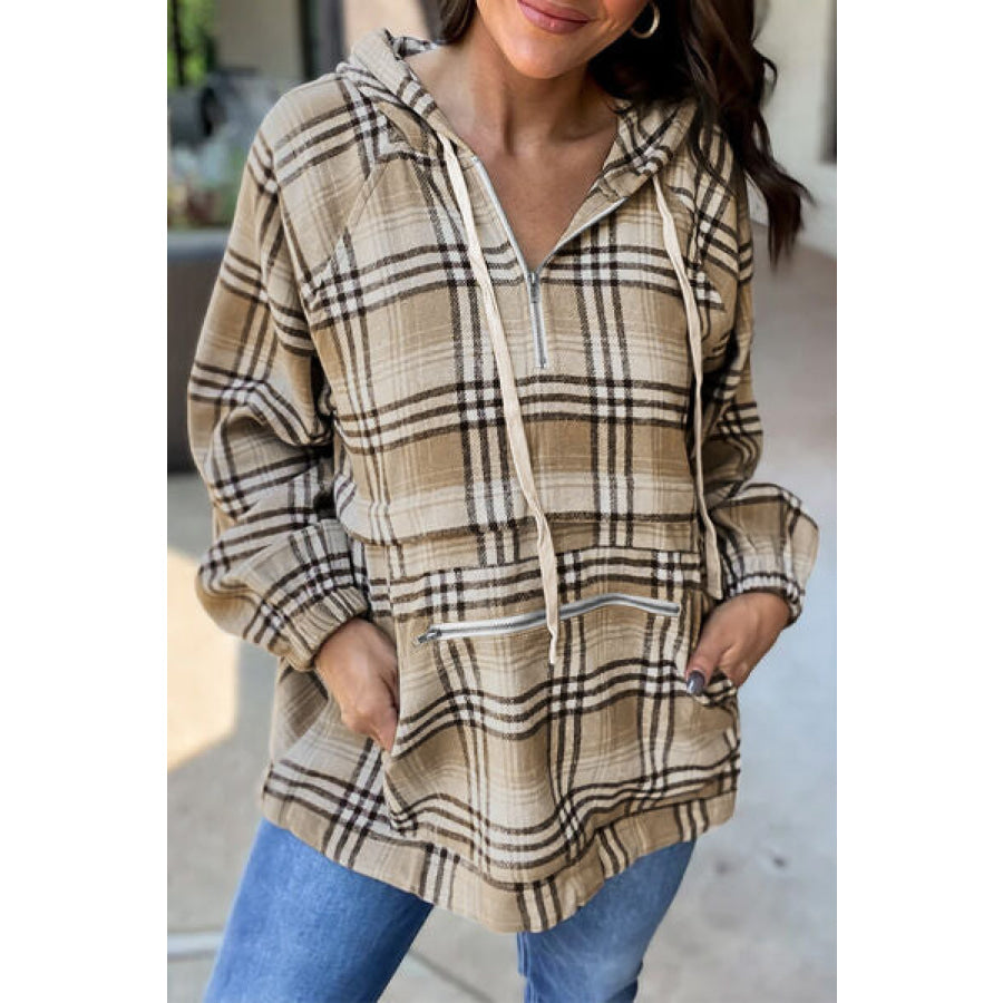 Drawstring Plaid Half Zip Raglan Sleeve Hoodie / S Apparel and Accessories