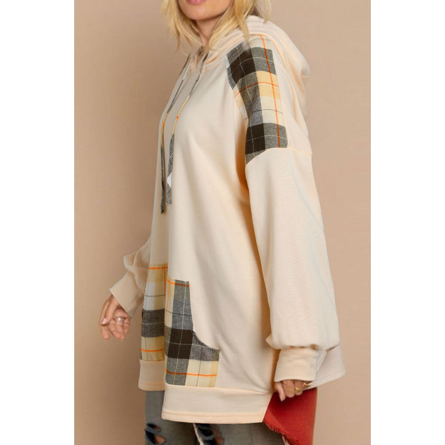 Drawstring Plaid Long Sleeve Hoodie Cream / S Apparel and Accessories