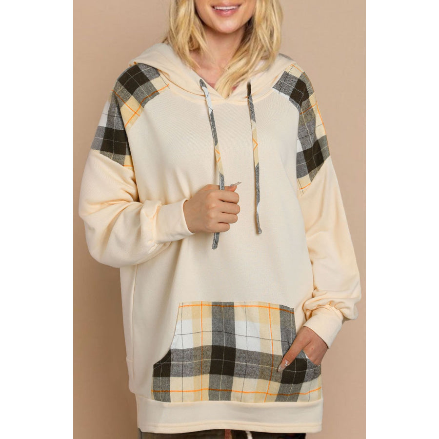 Drawstring Plaid Long Sleeve Hoodie Cream / S Apparel and Accessories
