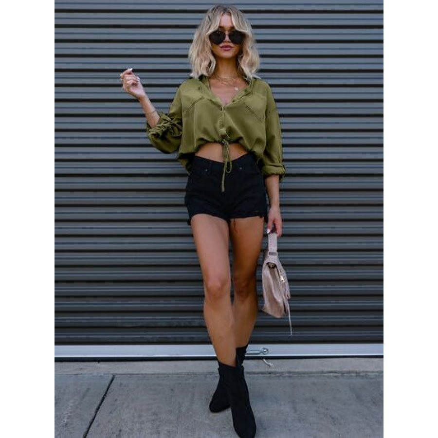 Drawstring Pocketed Button Up Denim Top Clothing