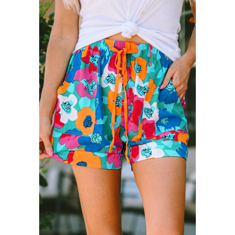 Drawstring Printed High Waist Shorts Multicolor / S Apparel and Accessories