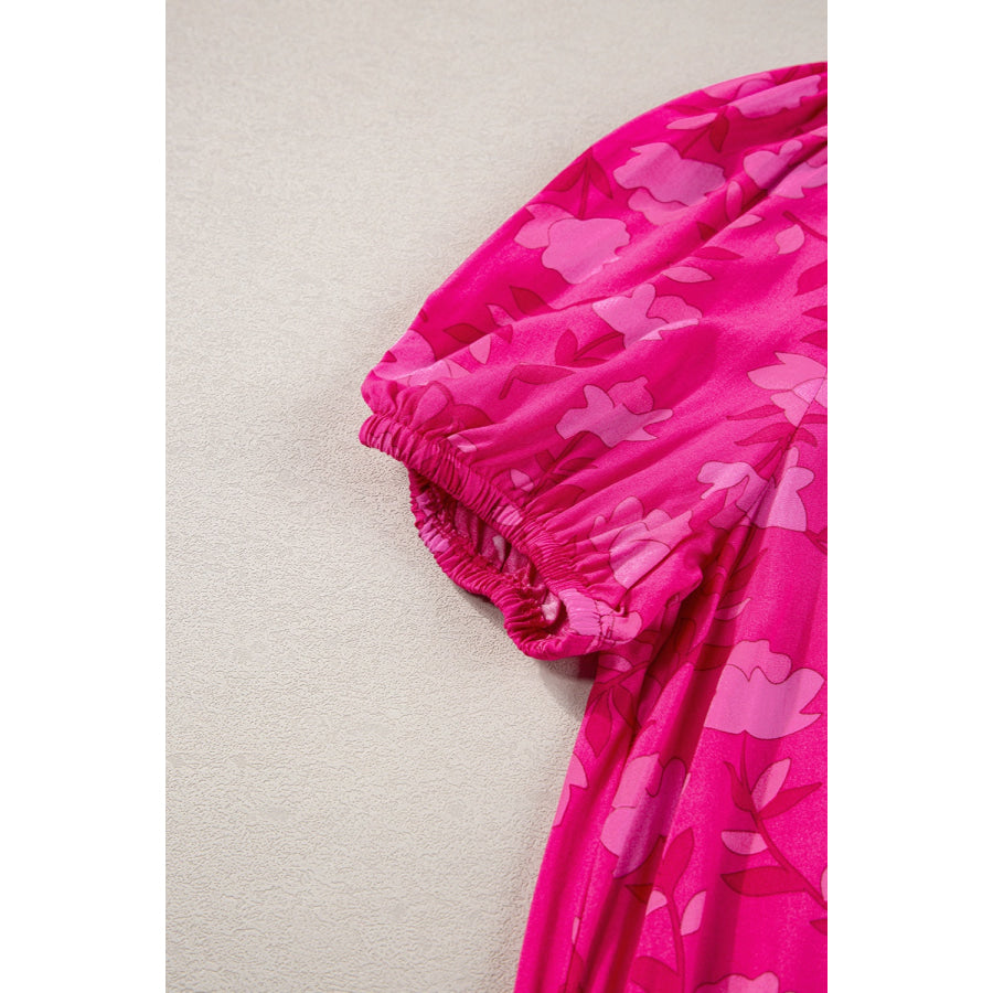 Drawstring Printed Short Sleeve Midi Dress Apparel and Accessories