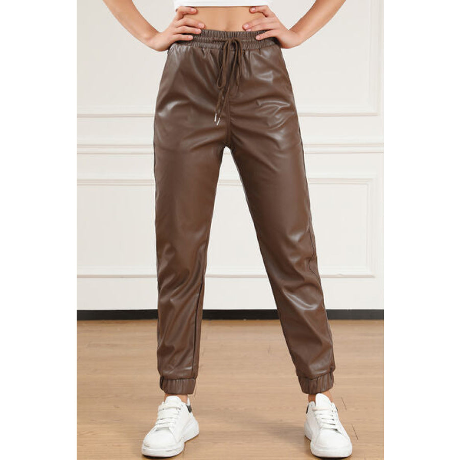 Drawstring PU Leather Pants Clothing
