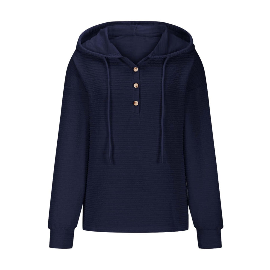Drawstring Quarter Button Long Sleeve Hoodie Apparel and Accessories