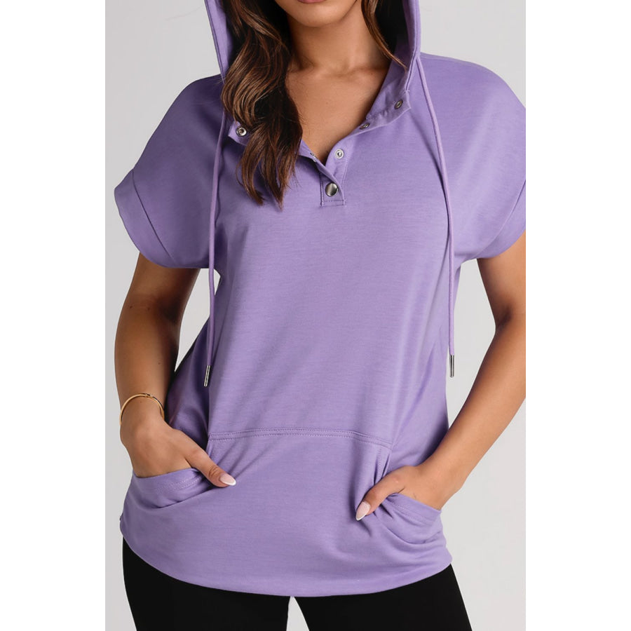 Drawstring Quarter Snap Cap Sleeve Hoodie Lavender / S Apparel and Accessories