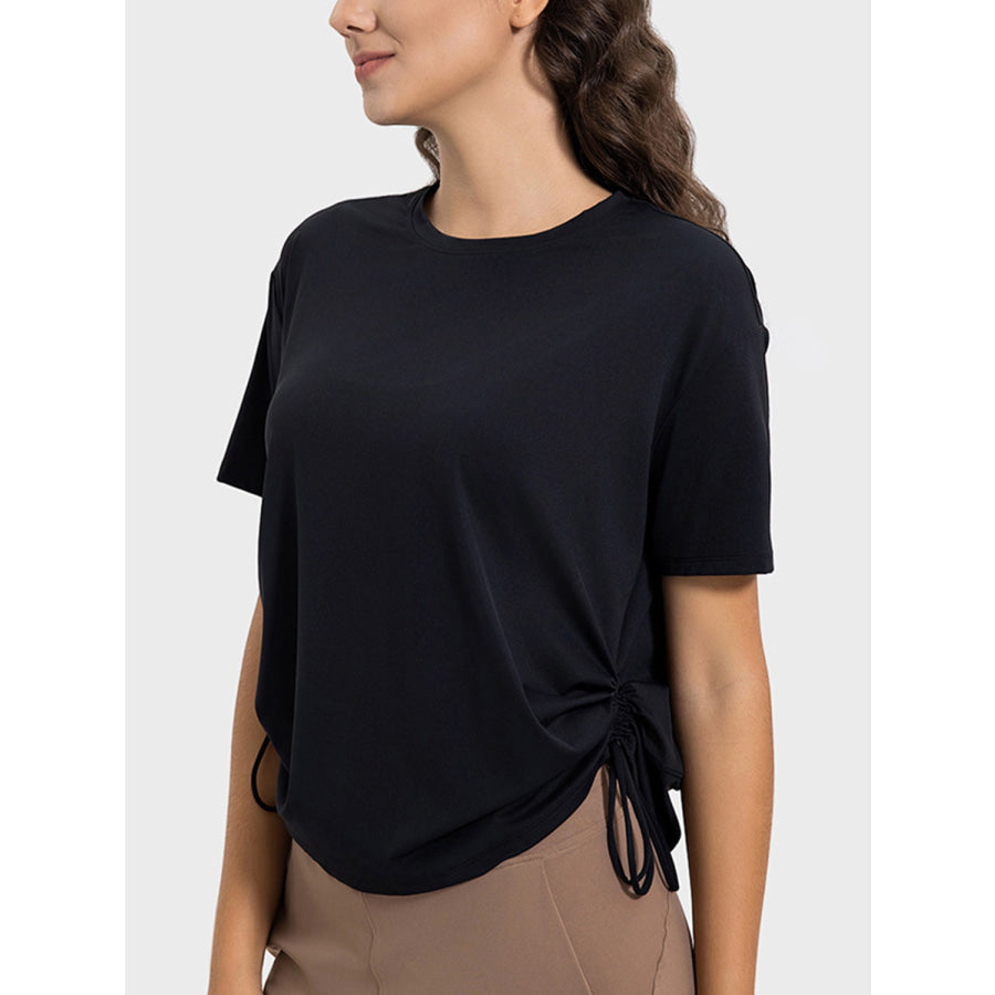 Drawstring Round Neck Short Sleeve Active T-Shirt Apparel and Accessories