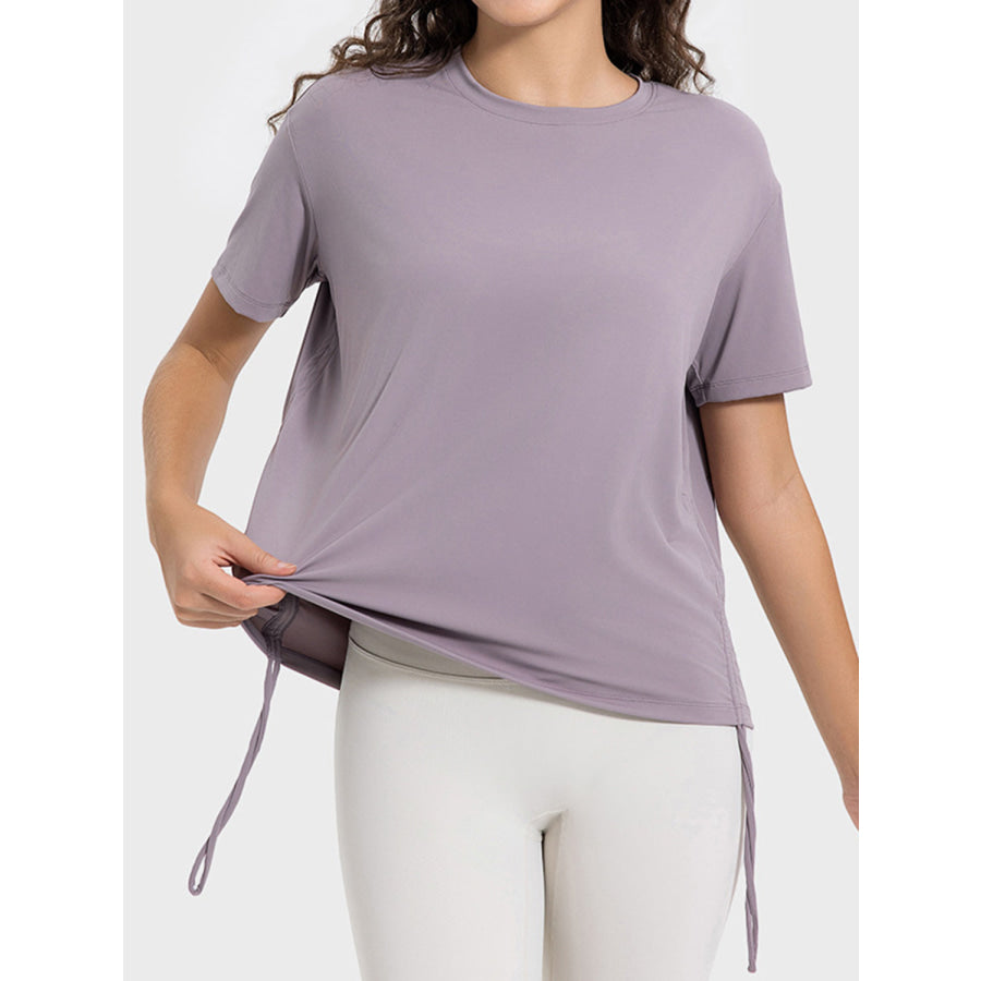 Drawstring Round Neck Short Sleeve Active T-Shirt Apparel and Accessories