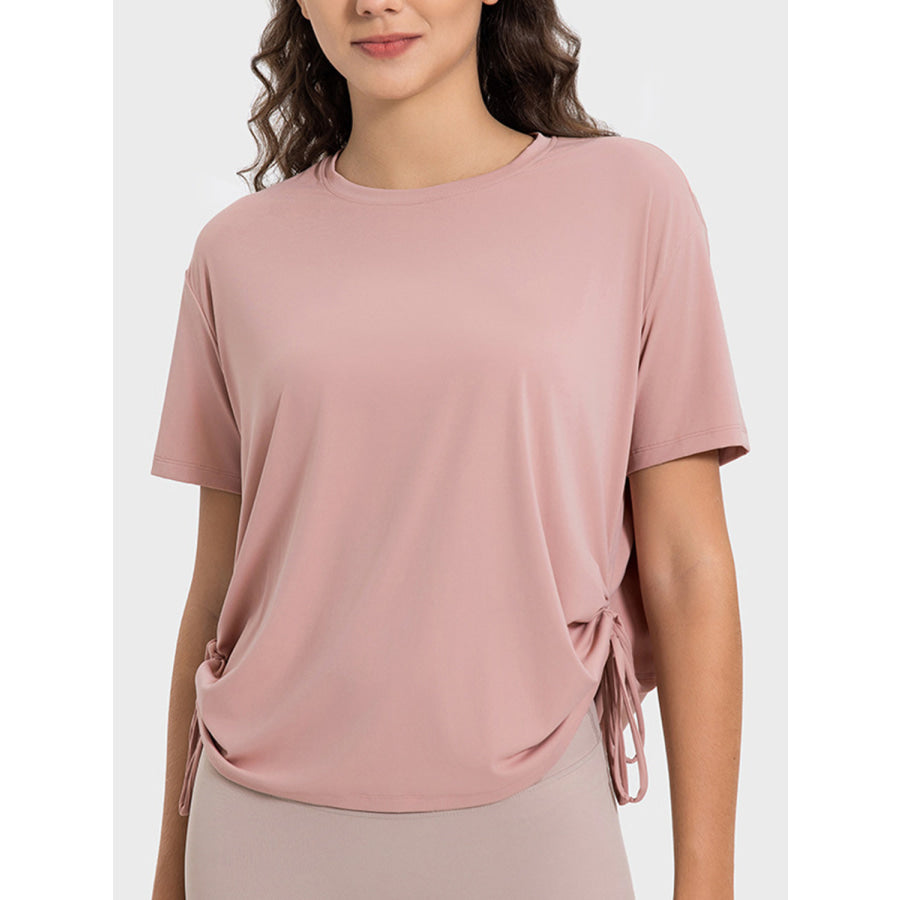 Drawstring Round Neck Short Sleeve Active T-Shirt Dusty Pink / 4 Apparel and Accessories