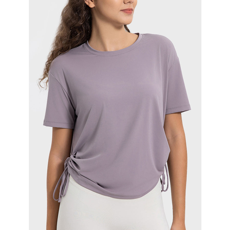 Drawstring Round Neck Short Sleeve Active T-Shirt Lilac / 4 Apparel and Accessories