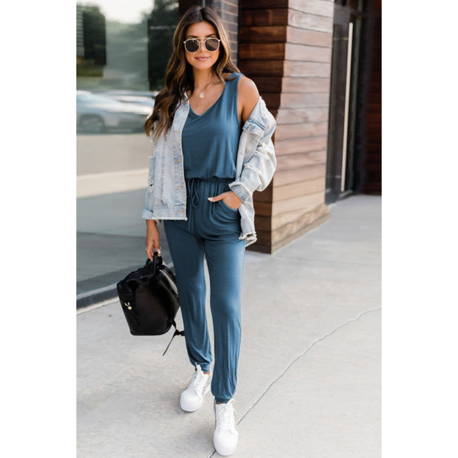 Drawstring Round Neck Sleeveless Jumpsuit Apparel and Accessories