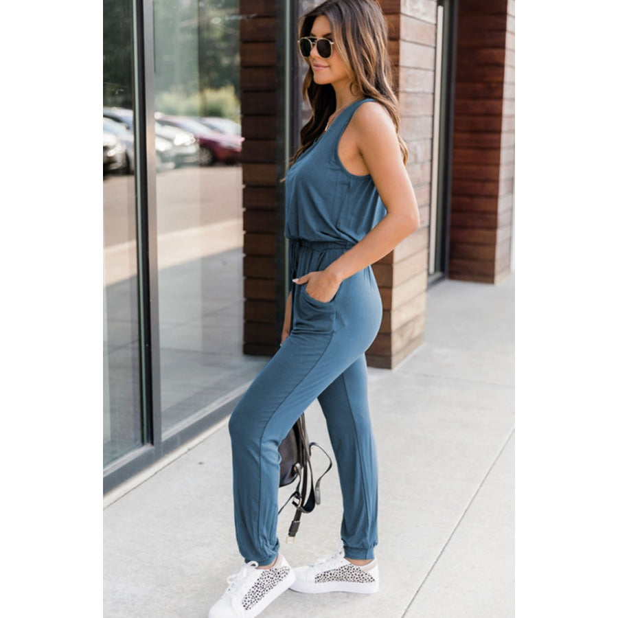Drawstring Round Neck Sleeveless Jumpsuit Apparel and Accessories