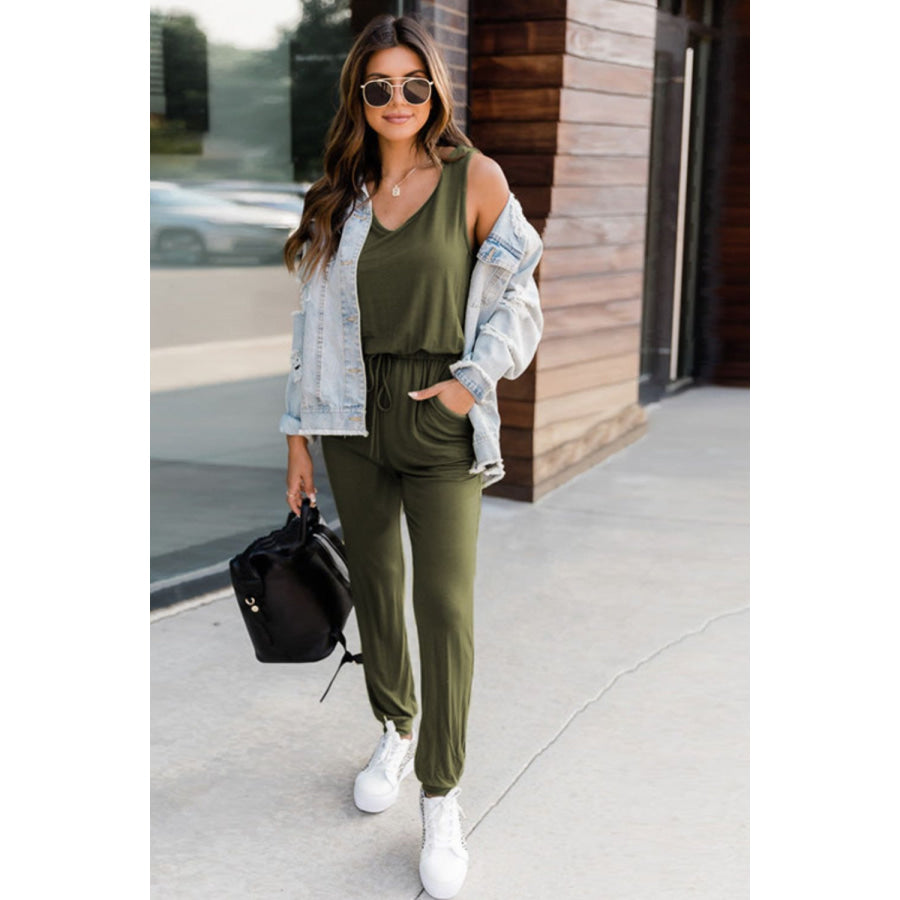 Drawstring Round Neck Sleeveless Jumpsuit Moss / S Apparel and Accessories