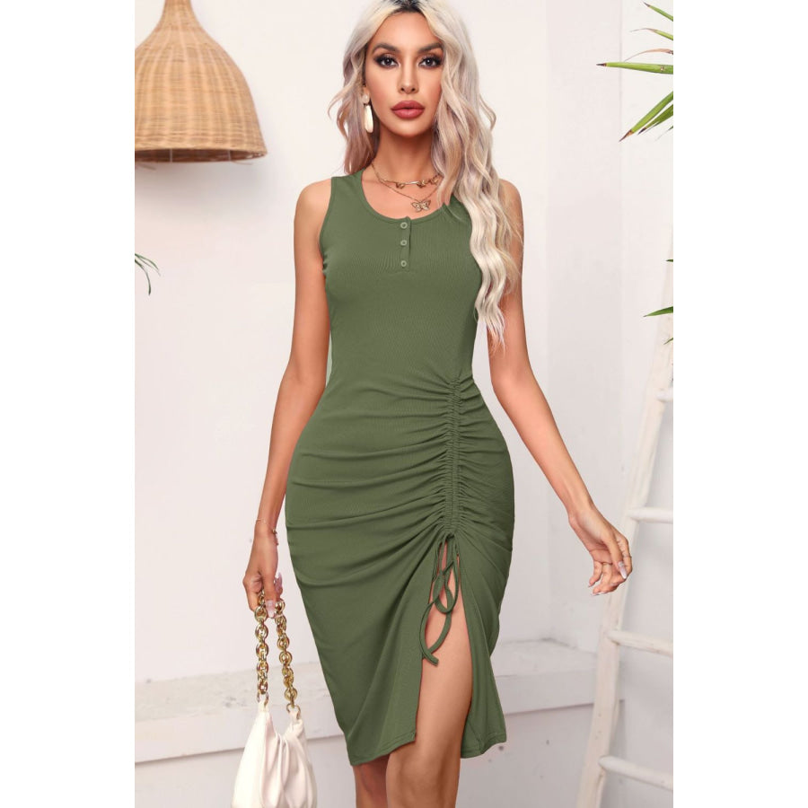 Drawstring Ruched Slit Sleeveless Dress Moss / S