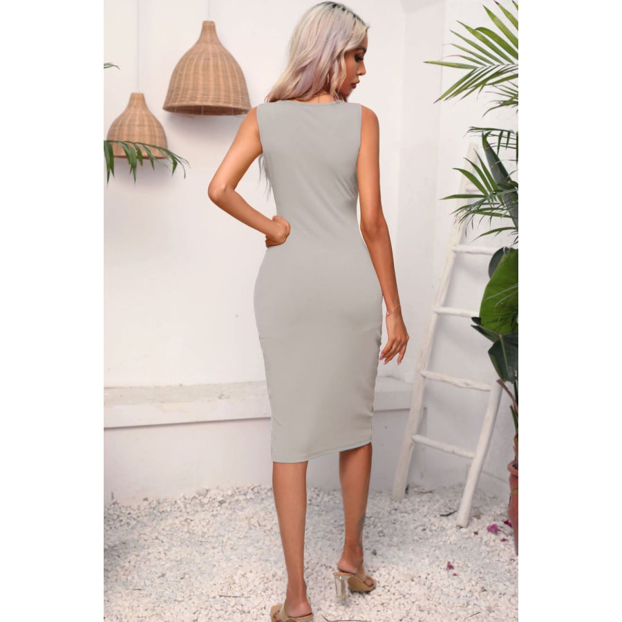 Drawstring Ruched Slit Sleeveless Dress