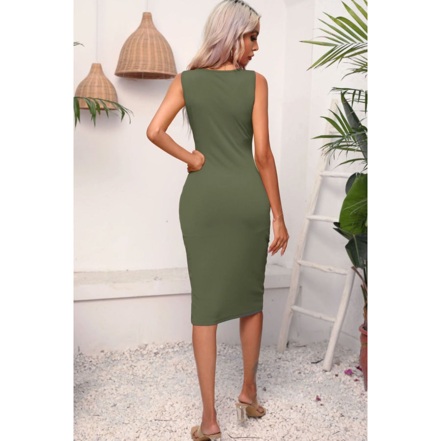 Drawstring Ruched Slit Sleeveless Dress