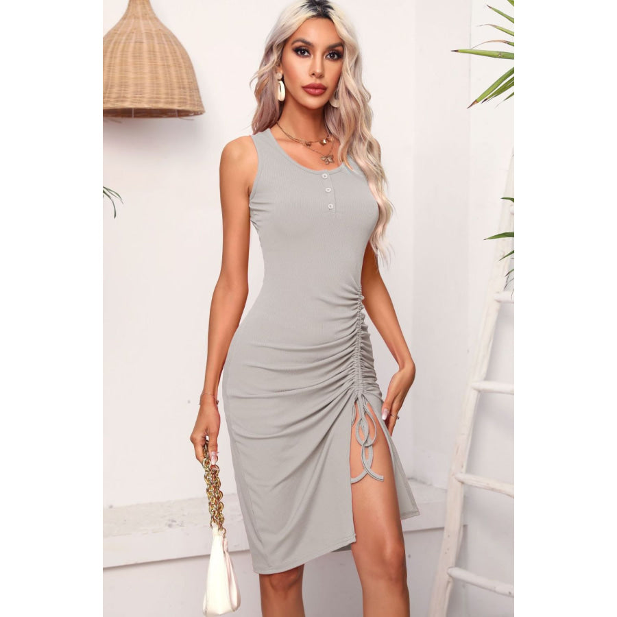 Drawstring Ruched Slit Sleeveless Dress