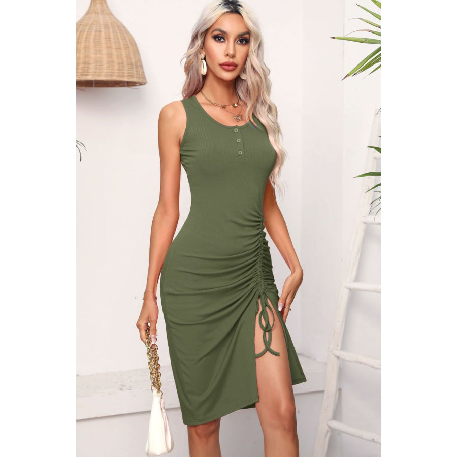 Drawstring Ruched Slit Sleeveless Dress