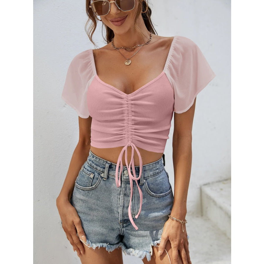 Drawstring Short Sleeve Crop Top Apparel and Accessories