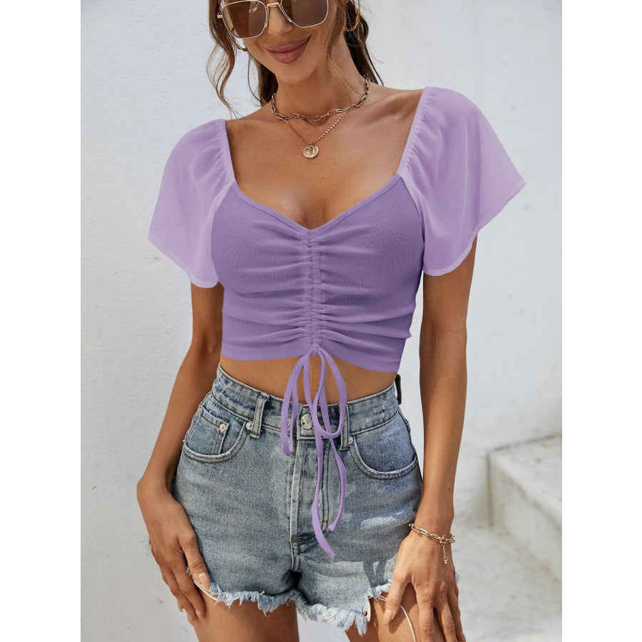 Drawstring Short Sleeve Crop Top Apparel and Accessories